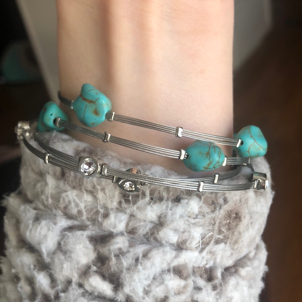 Silver, turquoise, crystal bendy metal bangles